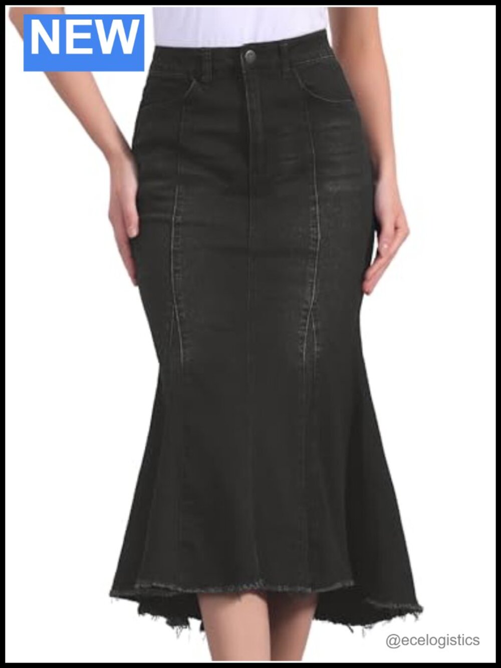 High Waist Midi Fishtail Denim Skirt Raw Hem 4 Pockets Stretch